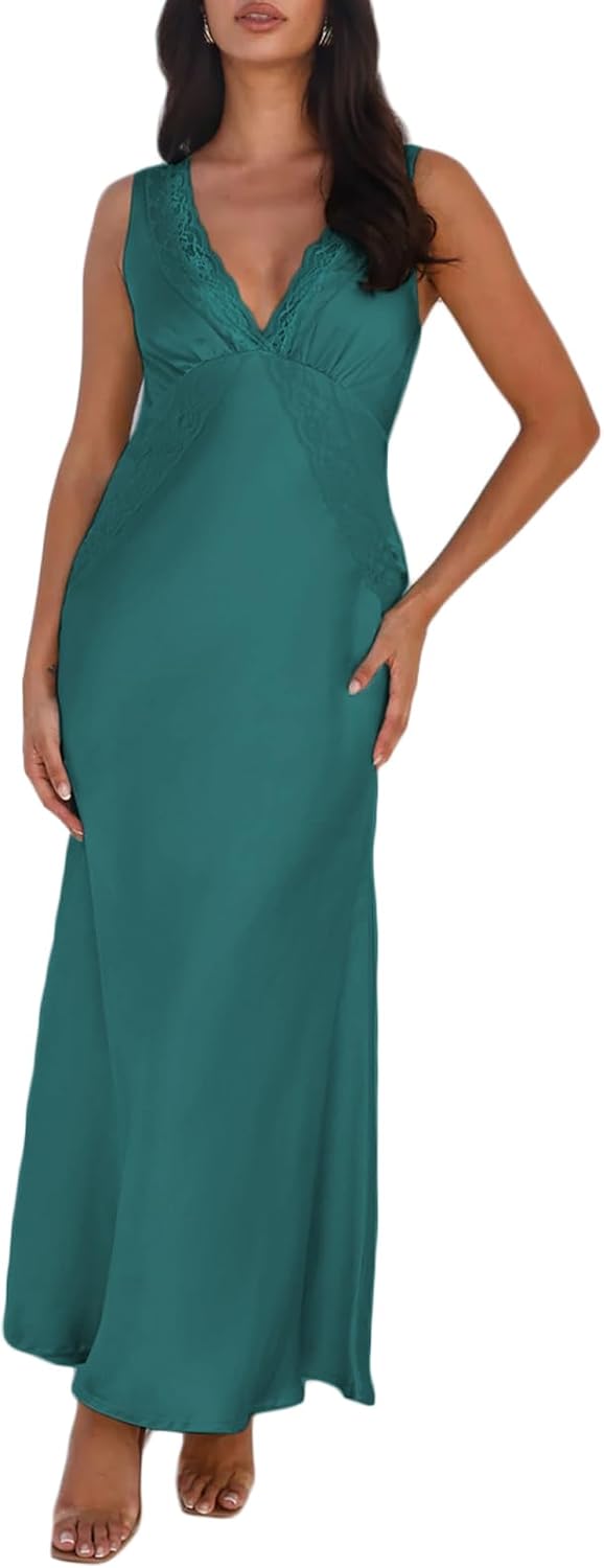 Elegant Summer Satin Lace V Neck Backless Maxi Dress for Women