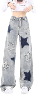 Cute Star Patchwork Jeans for Women Girls High Waisted Straight Leg