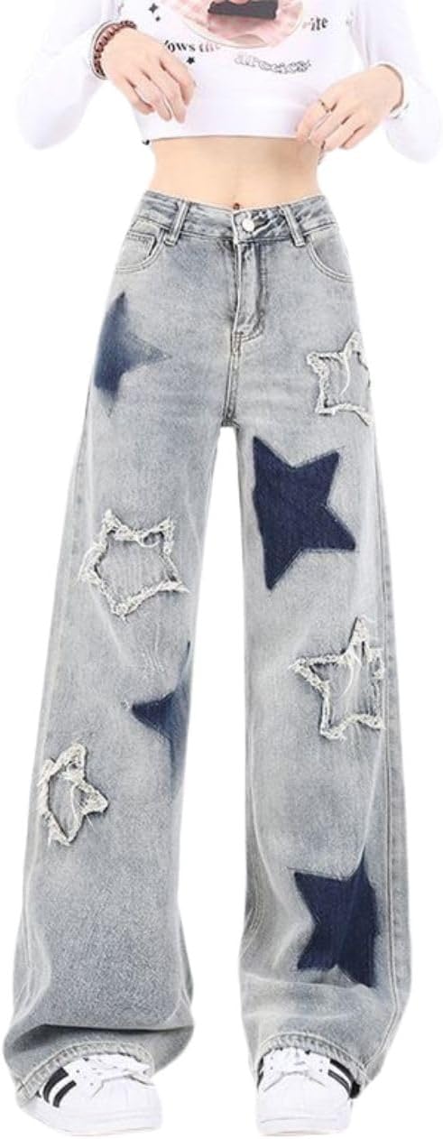 Cute Jeans for Women with Star Patchwork High Waisted Style