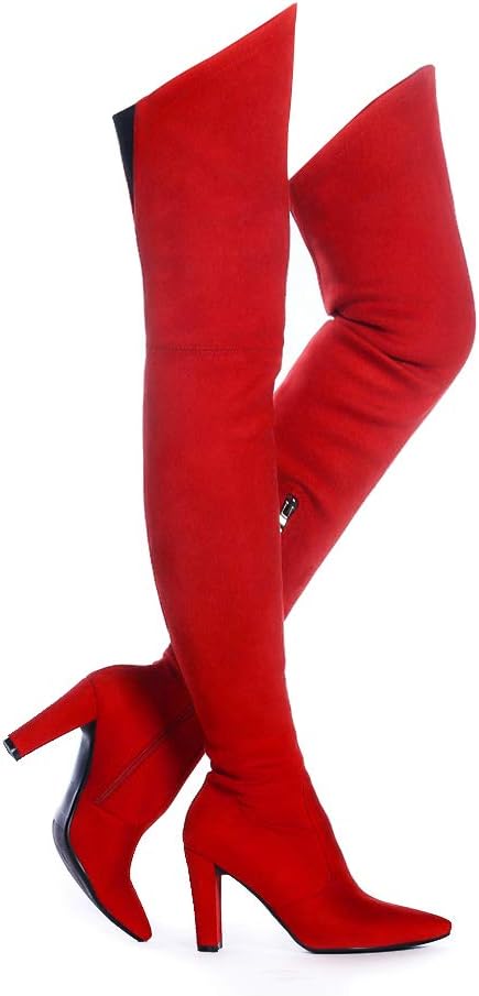 Shoe'N Tale Women Stretch Suede Chunky Heel Over The Knee Boots