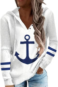 Women's Anchor Print Button Hoodie - Casual Nautical Sweatshirt