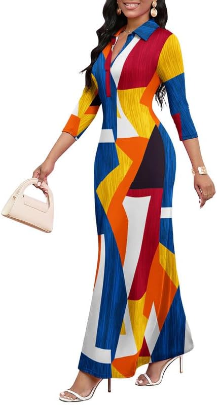 Maxi Dresses for Women Casual V Neck 3/4 Sleeve Bodycon Style