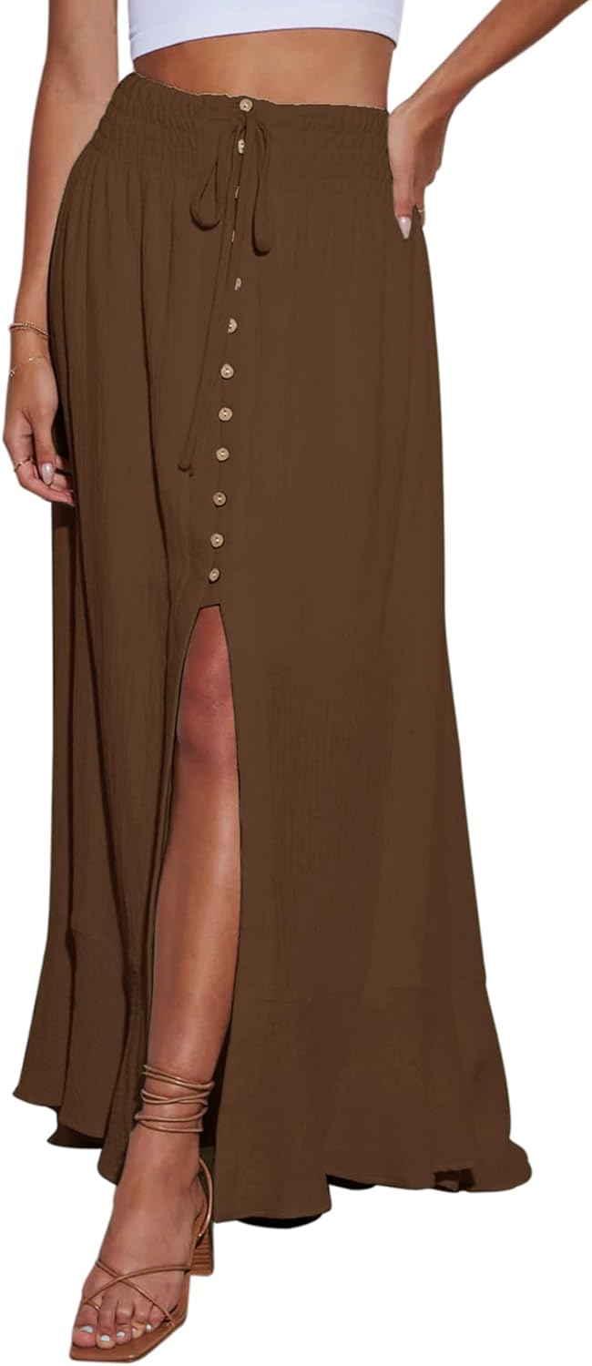 Minclouse Women's Elastic Tie Waist Maxi Skirt for Summer Style