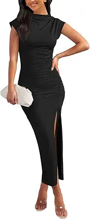 MEROKEETY Women's Cap Sleeve Mock Neck Midi Dress for Parties