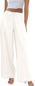 Women Cotton Linen Palazzo Pants - Drawstring Elastic Waist Casual