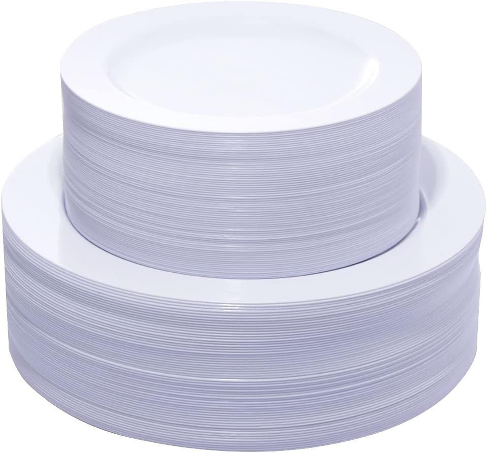 KIRE 120PCS White Plastic Plates Set - Heavy Duty Disposable Party Plates - 60 Dinner & 60 Dessert Plates
