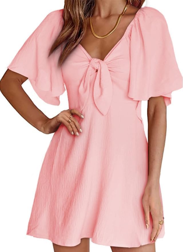 Dokotoo Womens Dresses Deep V Neck Elegant Bow Tie Mini Dress