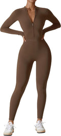 Women Long Sleeve Workout Jumpsuit Zip Up Romper - Bodycon Nylon Fit