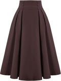 High Waist Pleated Midi A-Line Skirt for Women - Pocketed Comfort