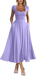 Women's Casual Square Neck Maxi Dress with Pockets - Flowy Fit