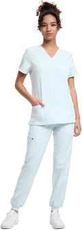Women's V-Neck Scrubs Top & Cargo Pants Set - 10 Pockets, 4-Way secure