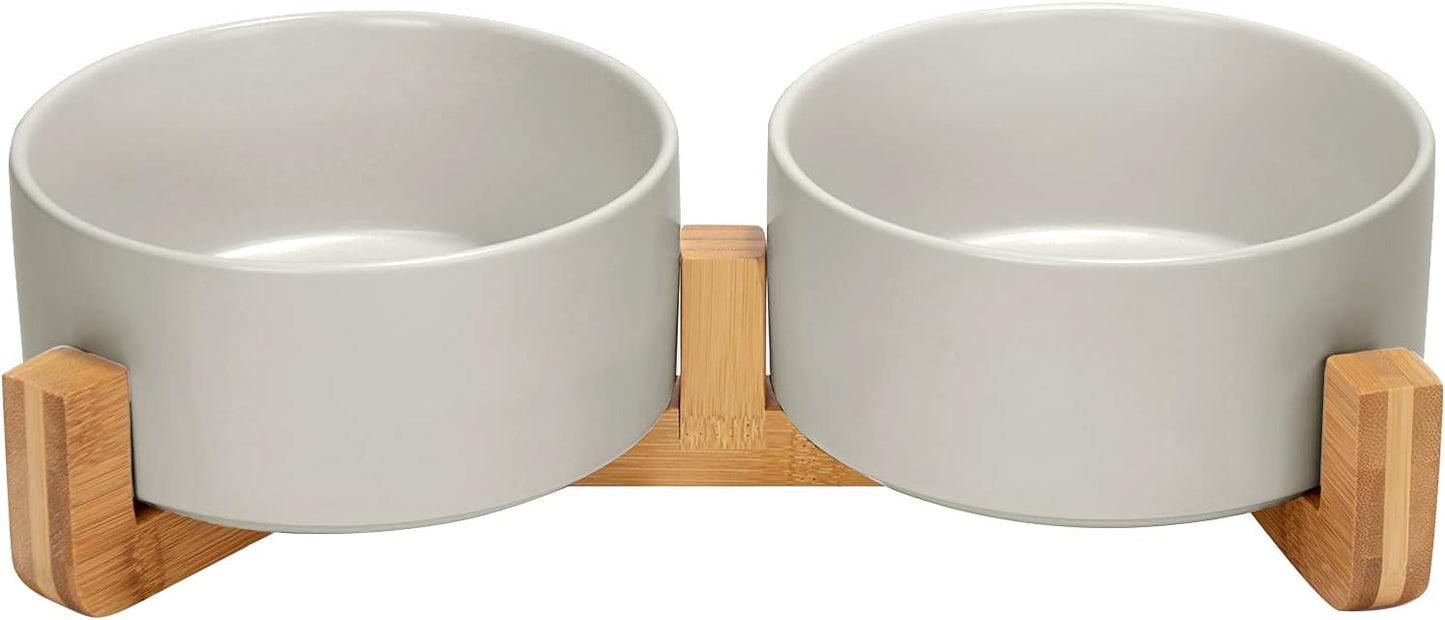 SPUNKYJUNKY Ceramic Dog and Cat Bowl Set with Wooden Stand