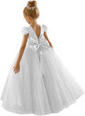 Flower Girls Lace Cap Sleeve Dress with Tulle Bow - Classic V-Back
