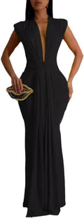 Ekaliy Elegant Bodycon Deep V Neck Maxi Dress - Flattering Fit is