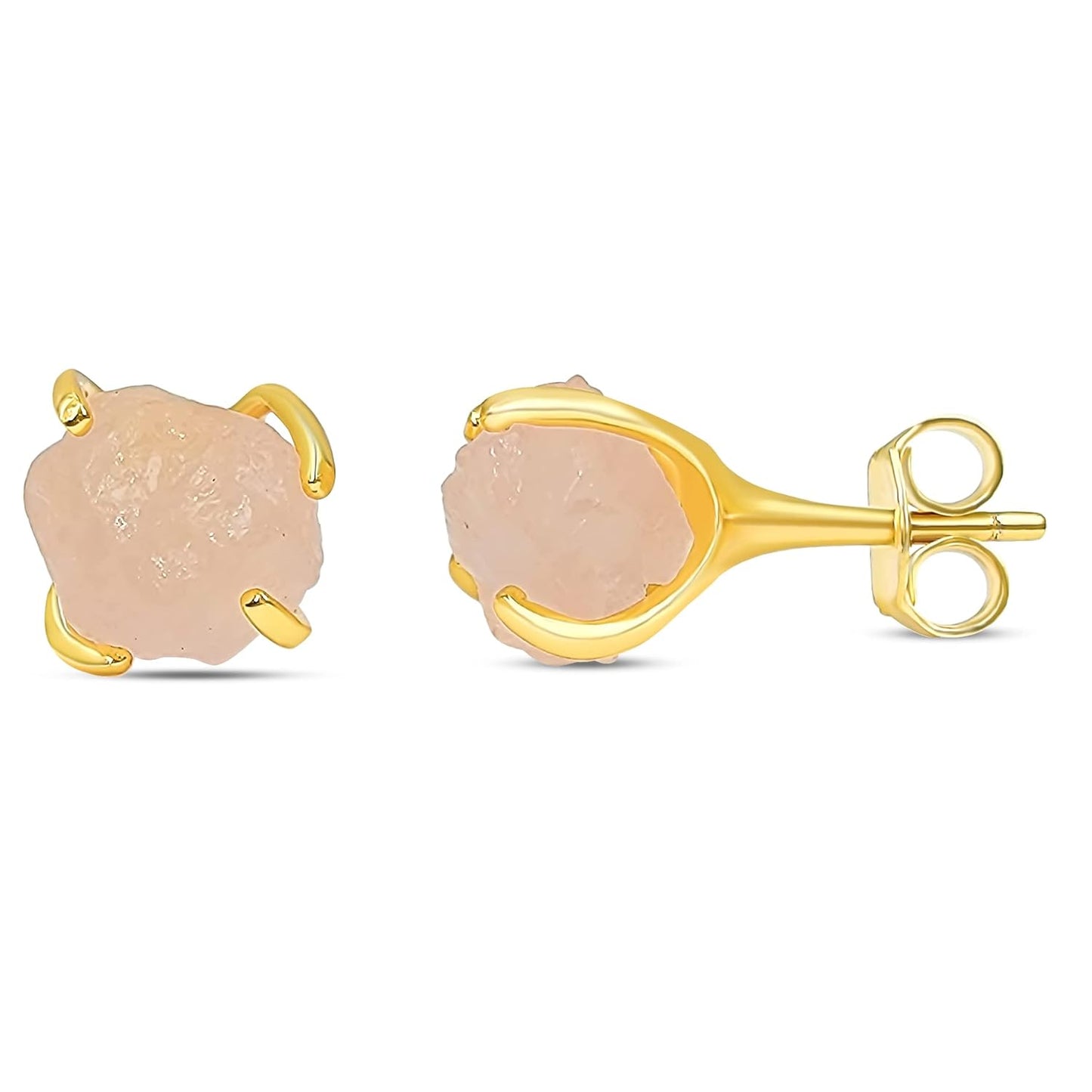Natural Raw Rose Quartz Stud Earrings in Yellow Gold Over Silver