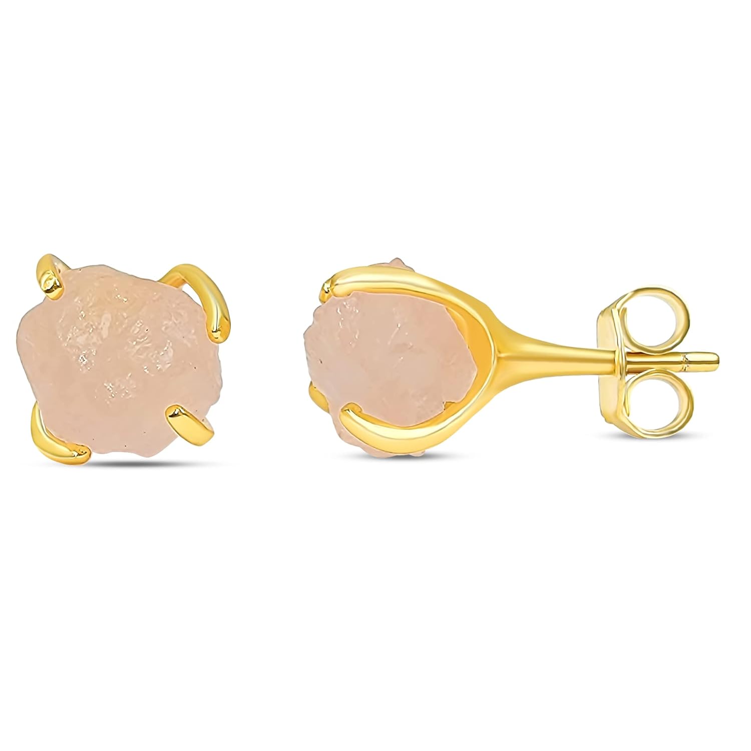 Natural Raw Rose Quartz Stud Earrings in Yellow Gold Over Silver