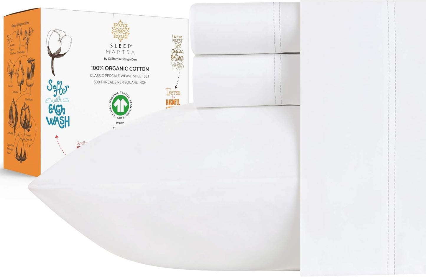 Organic Cotton Twin Bed Sheet Set - Soft Percale Weave - 4 Piece
