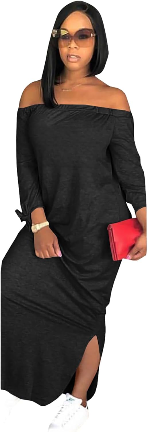 OLUOLIN Women's Casual Off Shoulder Long Sleeve Maxi Dress