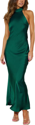 Phicia Satin Halter Neck Backless Maxi Dress for Women - Elegant Tie
