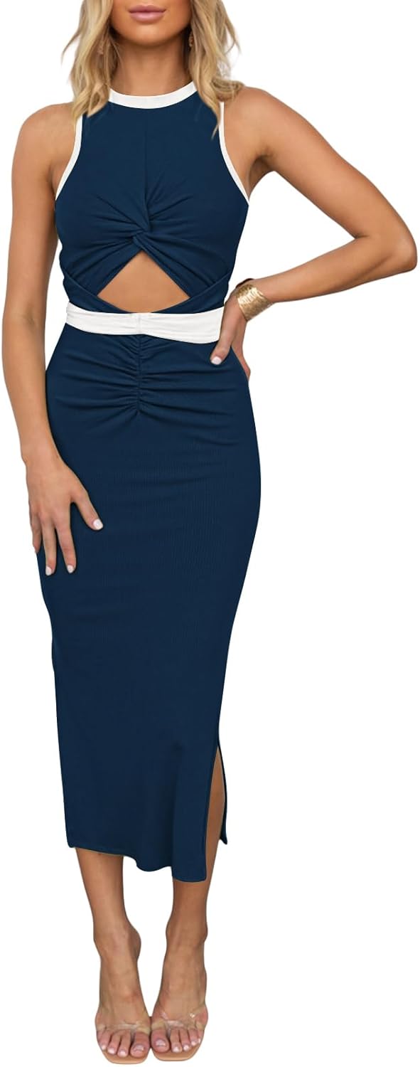 HUUSA Women's Sexy Sleeveless Cut Out Bodycon Midi Dress