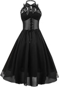 Women's Sleeveless Gothic Lace Corset Halter Swing Dress - Lace Fit