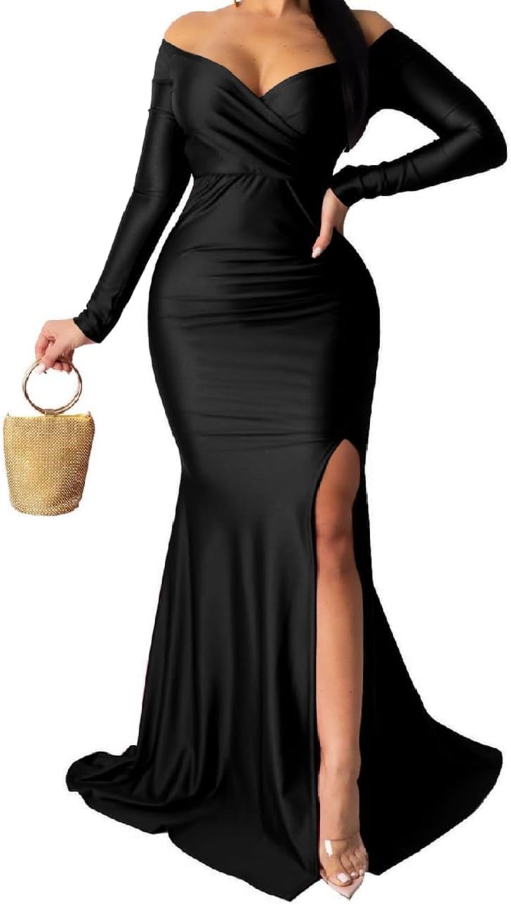 A ADILACA Women's Off Shoulder High Split Long Formal Dress