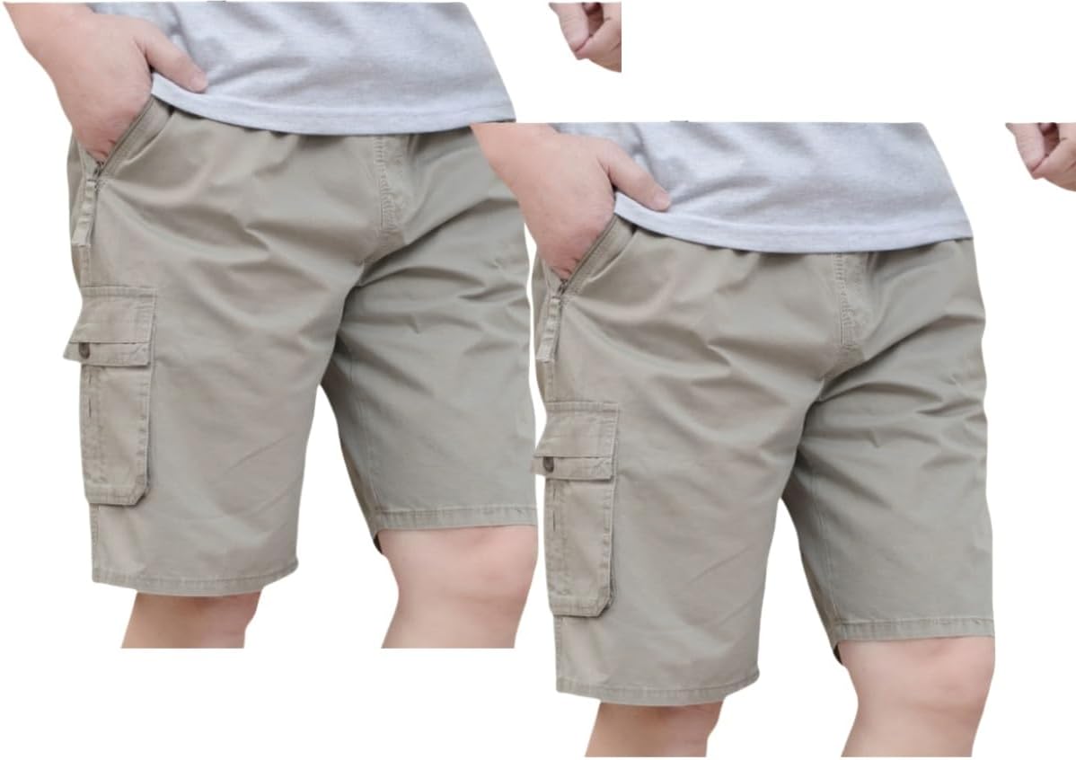 Men's Casual Twill Cargo Shorts with Elastic Waist and Pockets