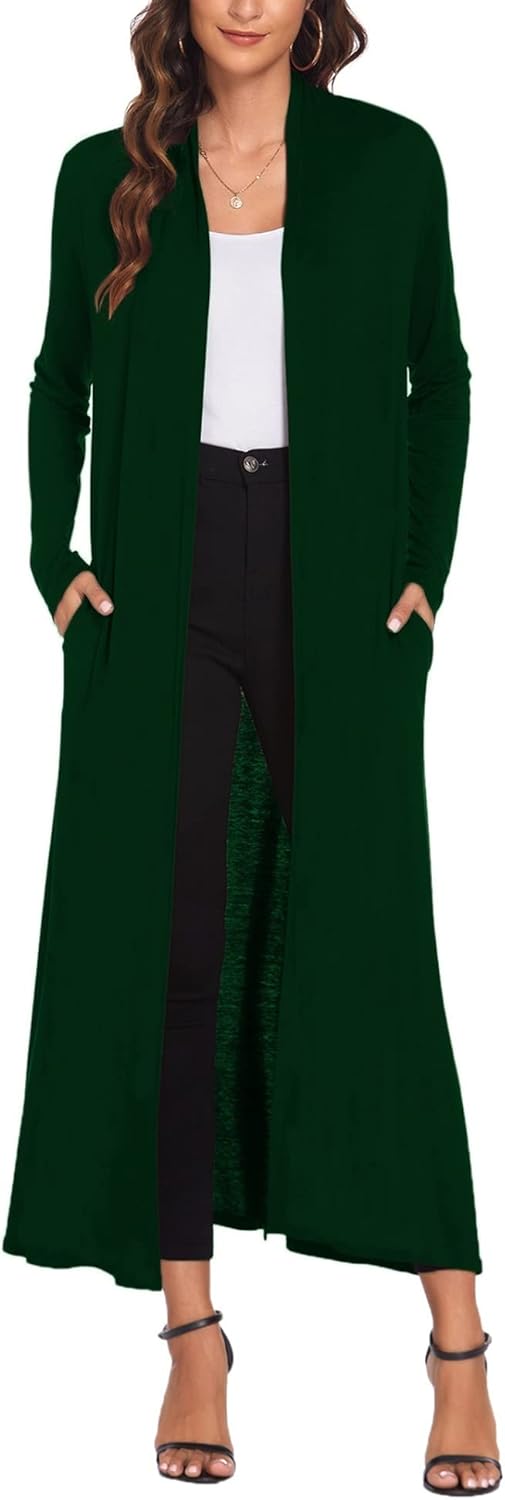 Bluetime Women Floor Length Open Front Cardigan with Pockets