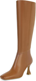 Black Leather Knee High Boots for Women - Sleek Square Toe Kitten Heel