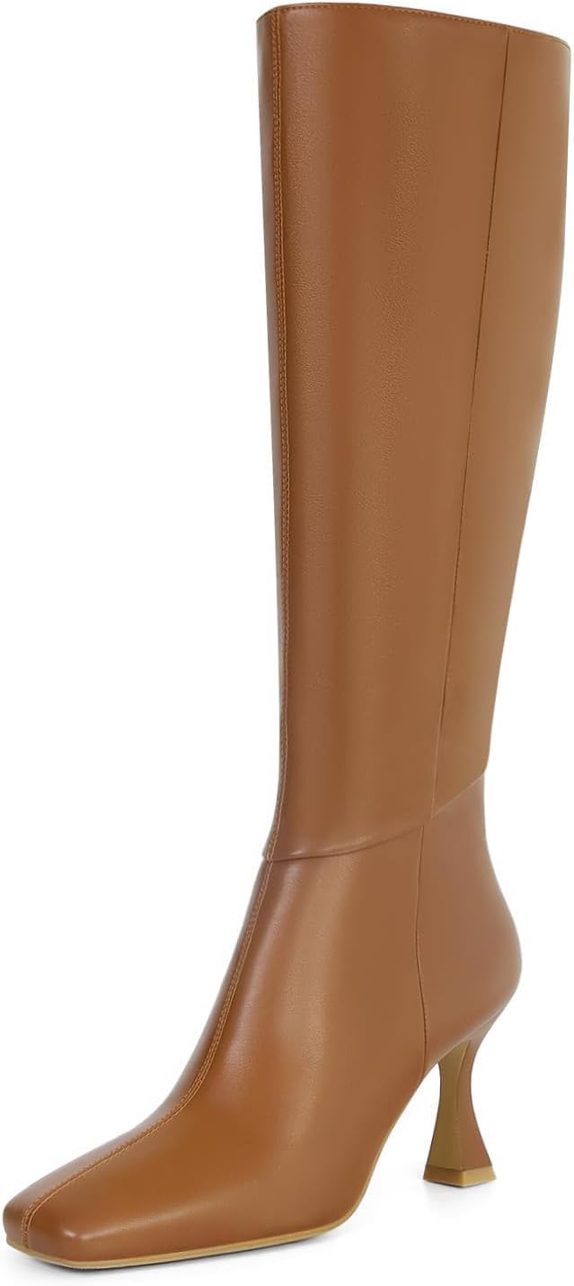 Dsevht Black Leather Knee High Boots for Women with Zipper