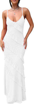 Women's V Neck Backless Ruffle Maxi Dress - Elegant Bodycon