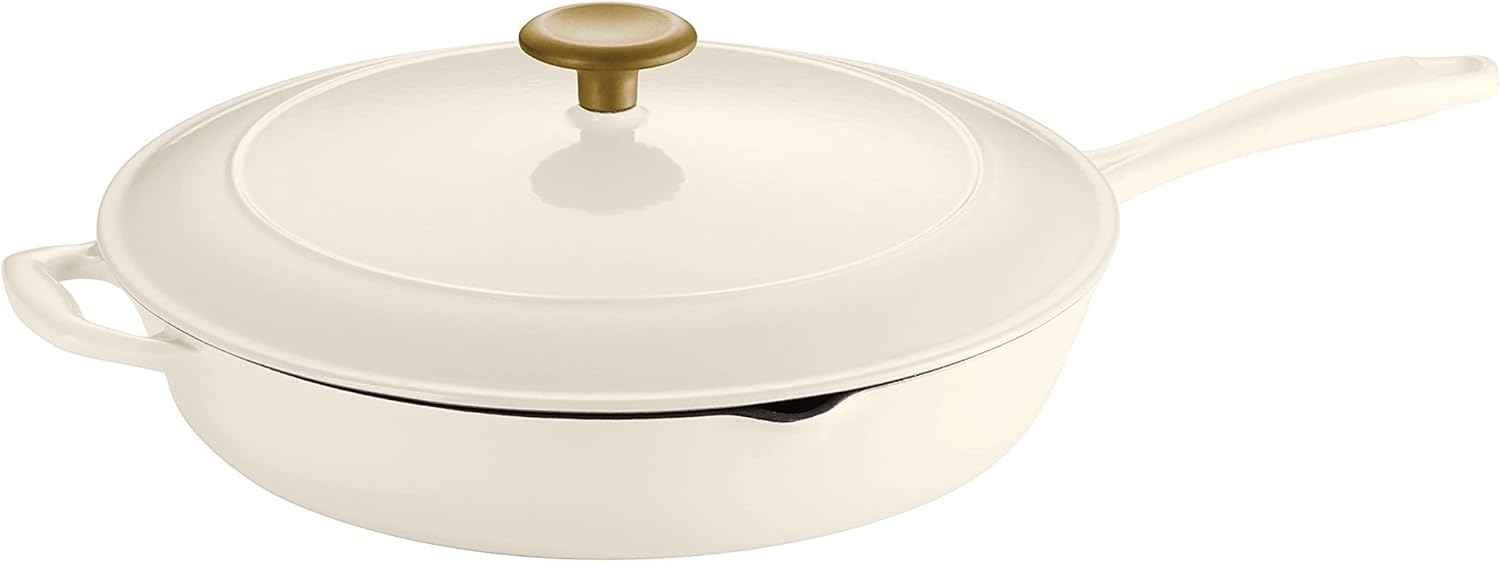 Enameled Cast Iron Skillet with Lid, 12ftin Frying Pan, Latte
