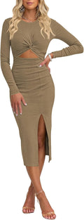 Pink Queen Women's Crew Neck Long Sleeve Midi Dress with Cutout