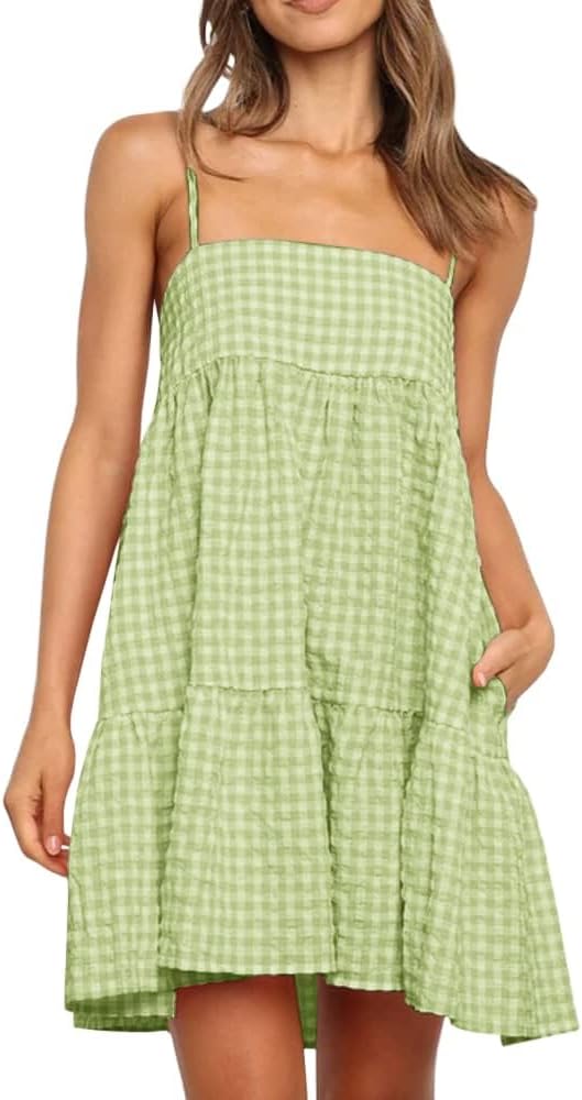 Womens Plaid A-line Dresses with Ruffle Hem and Side Pockets