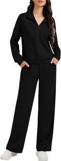 Women 2 Piece Lounge Zip Up Sweat Set with Contrast Stripes