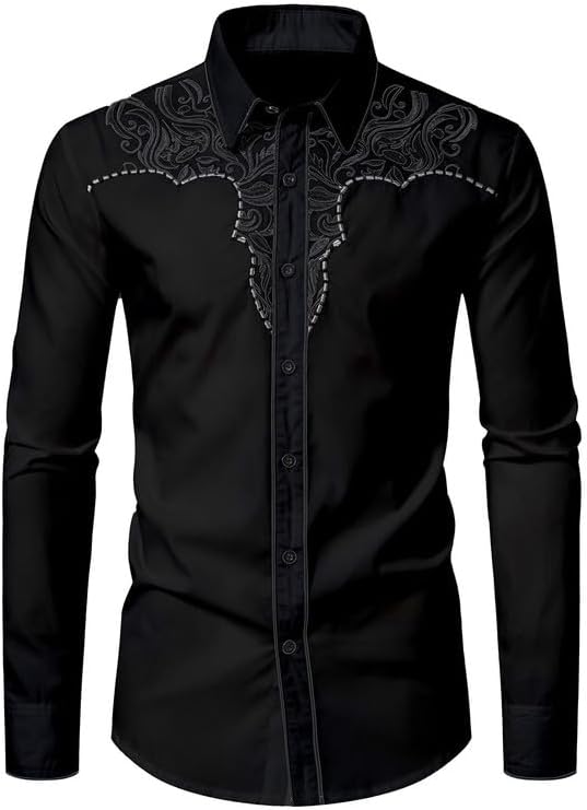 KISSQIQI Mens Western Cowboy Shirt Casual Button Down Long Sleeve