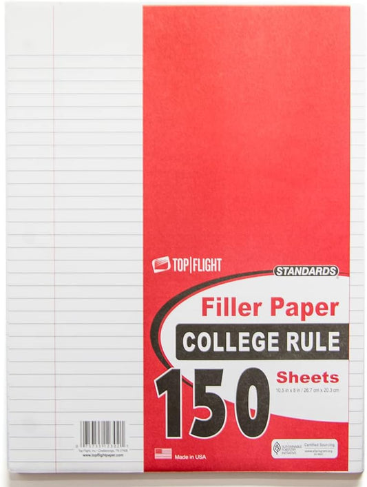 Top Flight College Rule Filler Paper: 150 Sheets, White