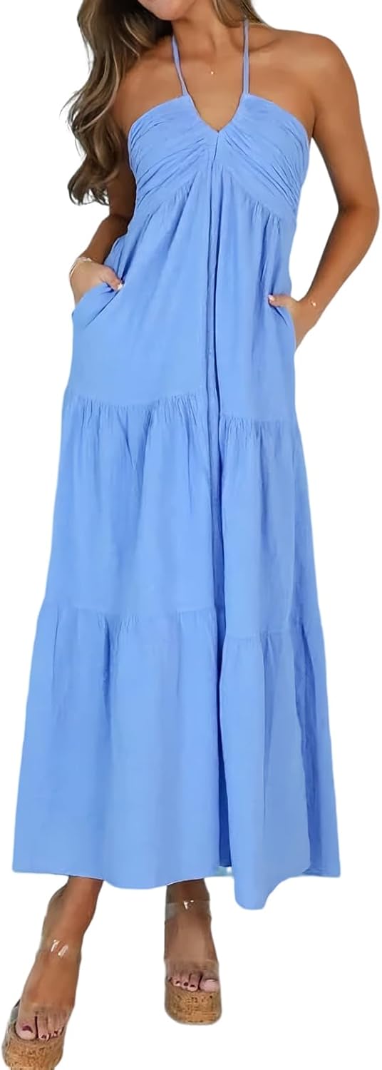 Women's Casual Halter Tiered Maxi Dress with Pockets for Summer