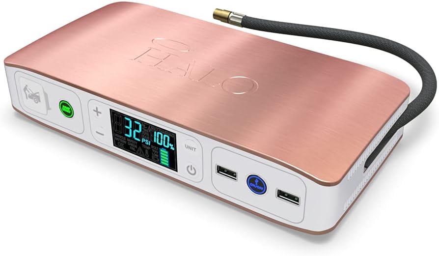 Halo Bolt Air 58830 mWh Portable Power Kit - Jump Starter, Tire Pump, 4 Nozzles - Rose Gold