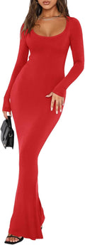 REORIA Womens Square Neck Long Sleeve Maxi Dress - Sleek Everyday Fit