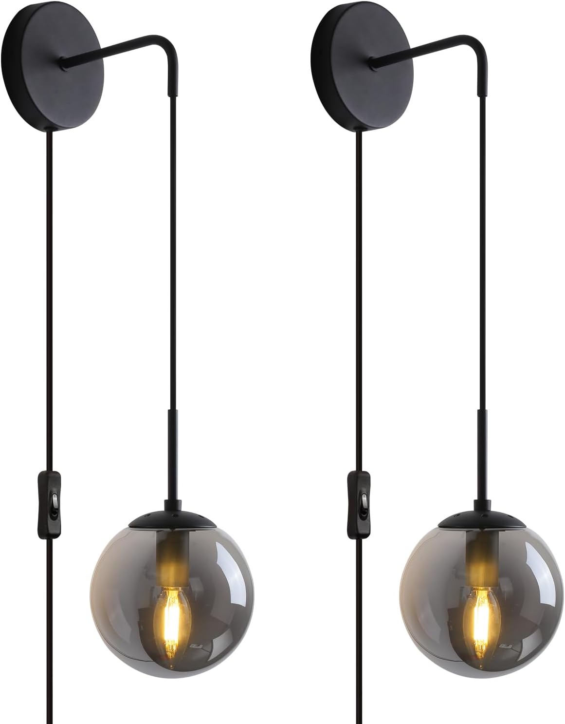 Matte Black Wall Sconces Set of Two with Smoke Grey Glass Shade