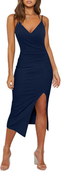 Women's Sexy V Neck Spaghetti Strap Bodycon Dress - Wrap Ruched