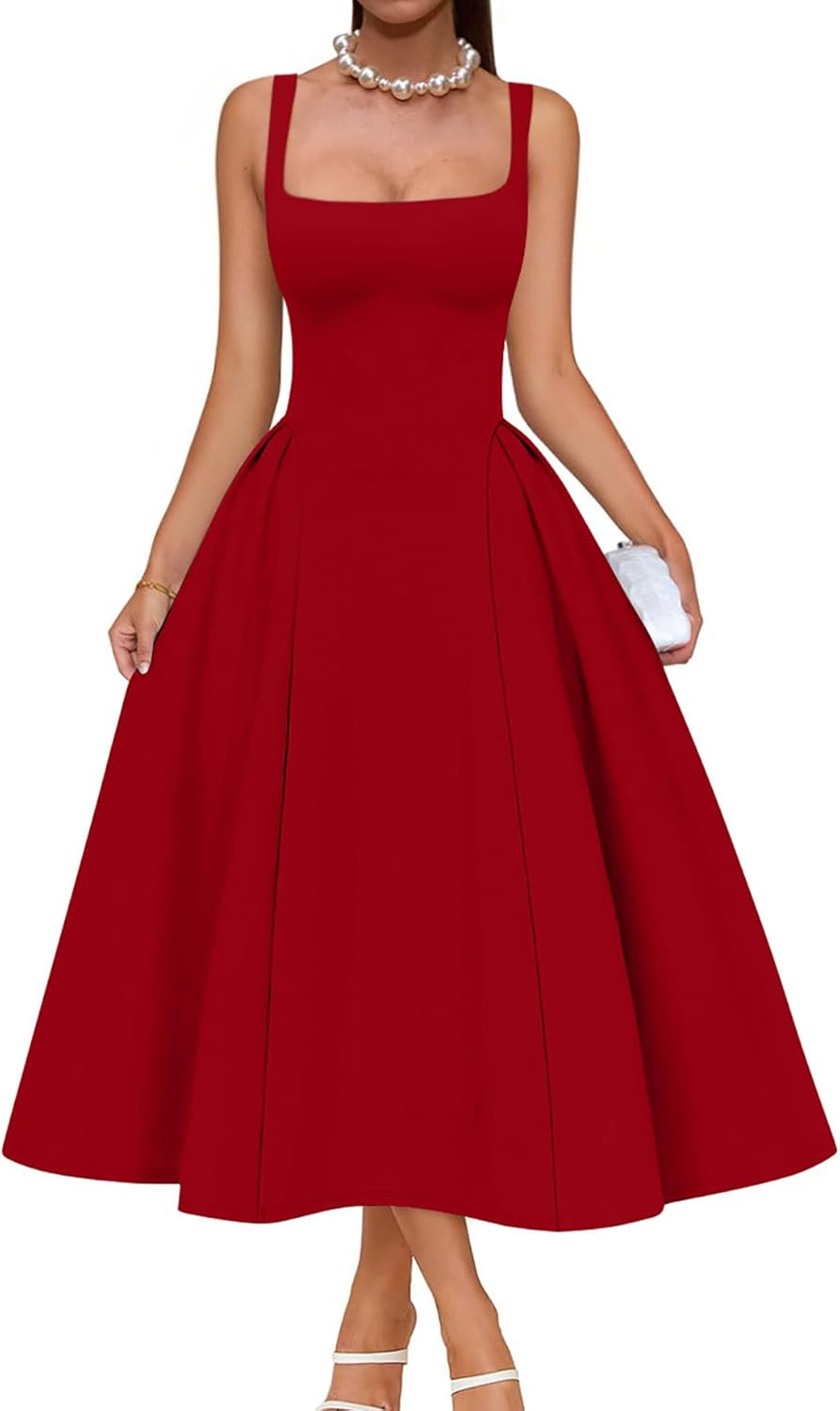 Elegant Square Neck Swing A Line Midi Dress for Women
