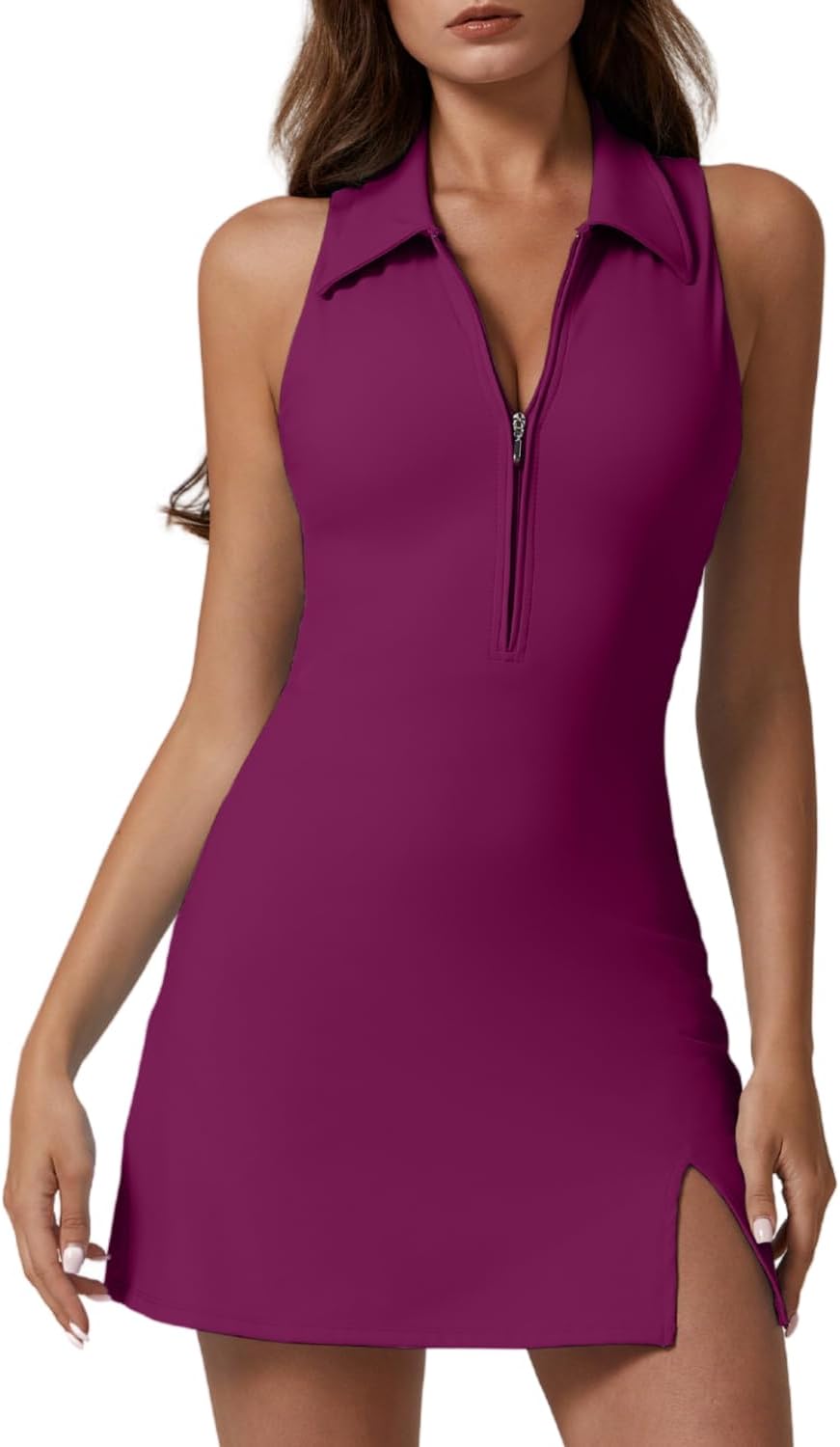 QINSEN Womens Zip Front Tennis Dress with Built-in Shorts