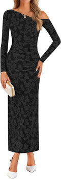 Women's Fall Floral Off Shoulder Bodycon Maxi Dress - Long Sleeve