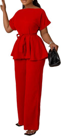 Women's 2 Piece Outfits Suit Set Peplum Top and Flared Pants Material