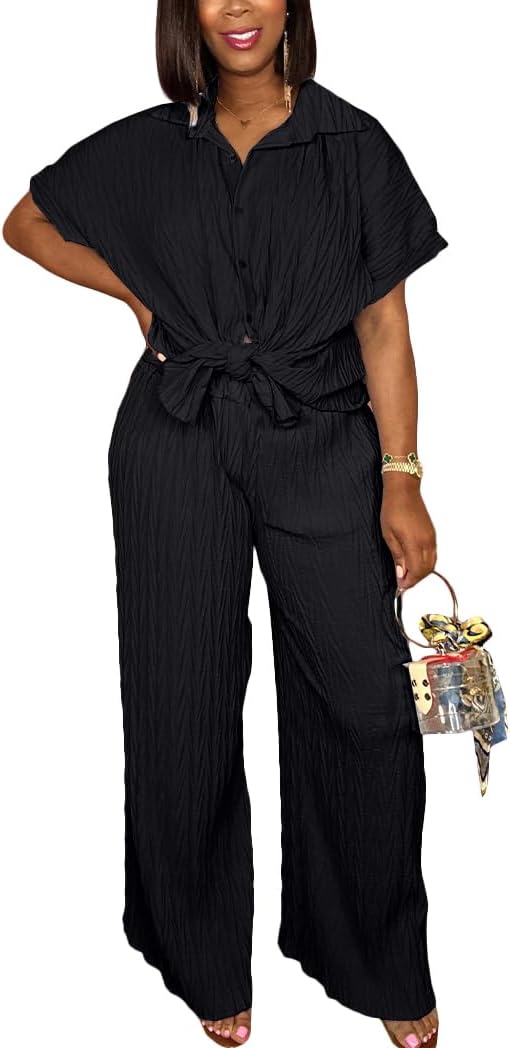 Casual Two Piece Set for Women - Stylish Button Down Shirt