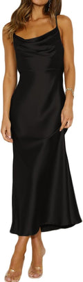 Summer Satin Spaghetti Strap Cowl Neck Midi Dress for Women - Backless