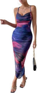 Women's Tie Dye Cowl Neck Backless Bodycon Cami Dress - Flattering Fit