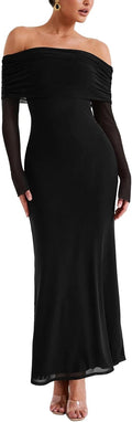 Women Off Shoulder Long Sleeve Mesh Dress - Elegant Slim Fit